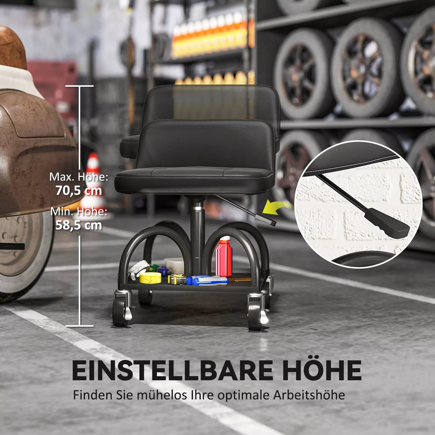 Dirbtuvės taburetė su ratukais ir laikymo lentyna, 58,5 cm aukščio, riedanti taburetė, atlaiko iki 135 kg, juoda