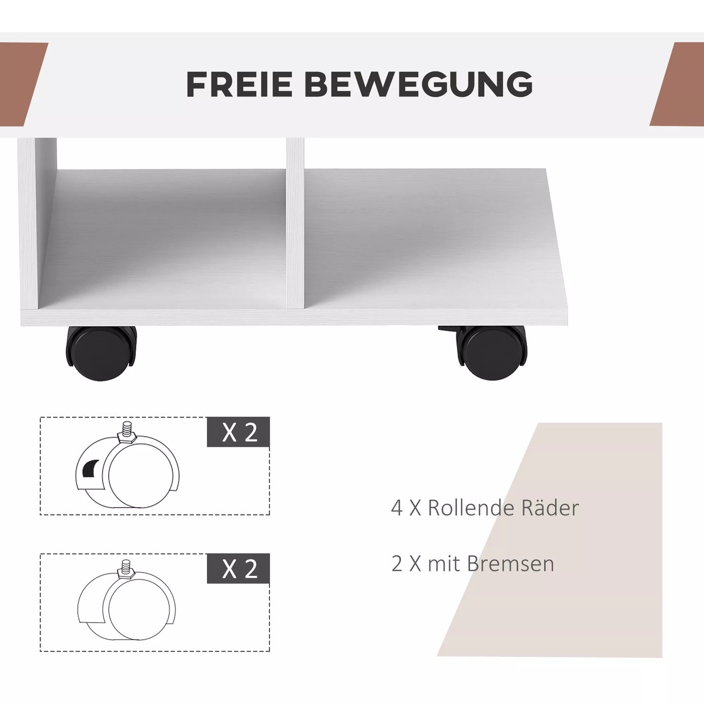 Pagalbinis staliukas C formos, kavos staliukas, svetainės staliukas, kampinis rašomasis stalas, su ratukais, E1 medžio drožlių plokštė, 45 x 35 x 58 cm, Balta