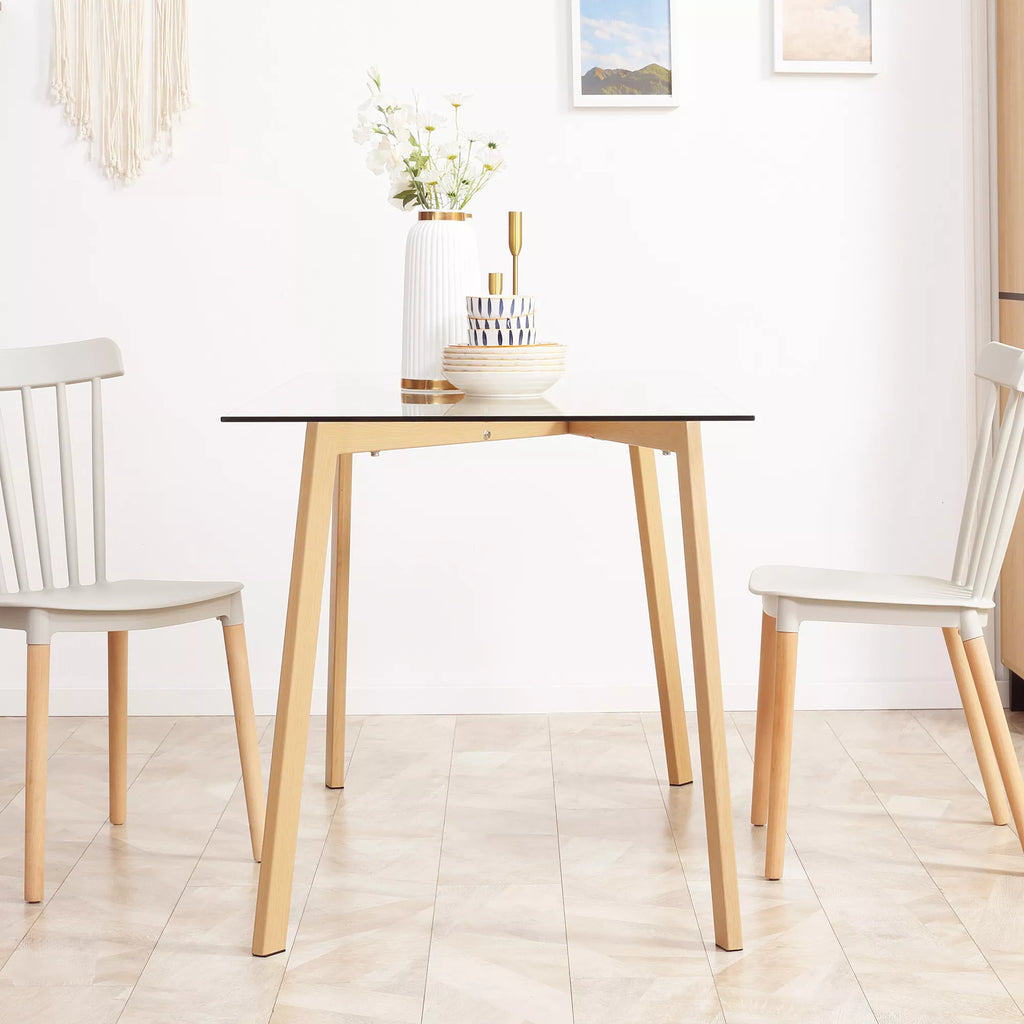 Valgomojo stalas 4 asmenims, stiklinis stalviršis, plieninis rėmas, medžio imitacija, 120L x 60B x 76H cm