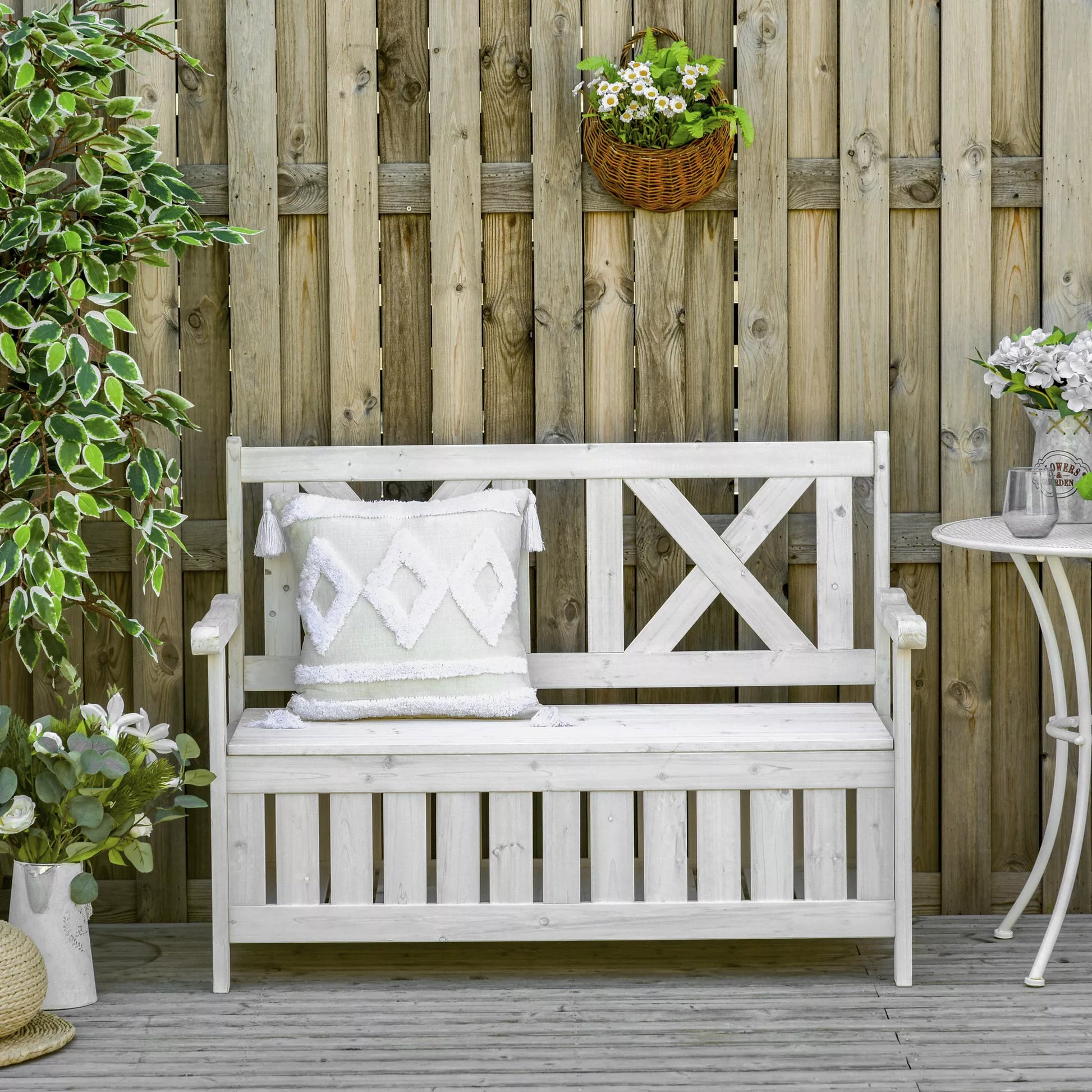 Suoliukas su saugojimo vieta 2 vietų sodo skrynia Skrynia-suoliukas Pagalvės skrynia Saugojimas Balta 115 x 61 x 85 cm