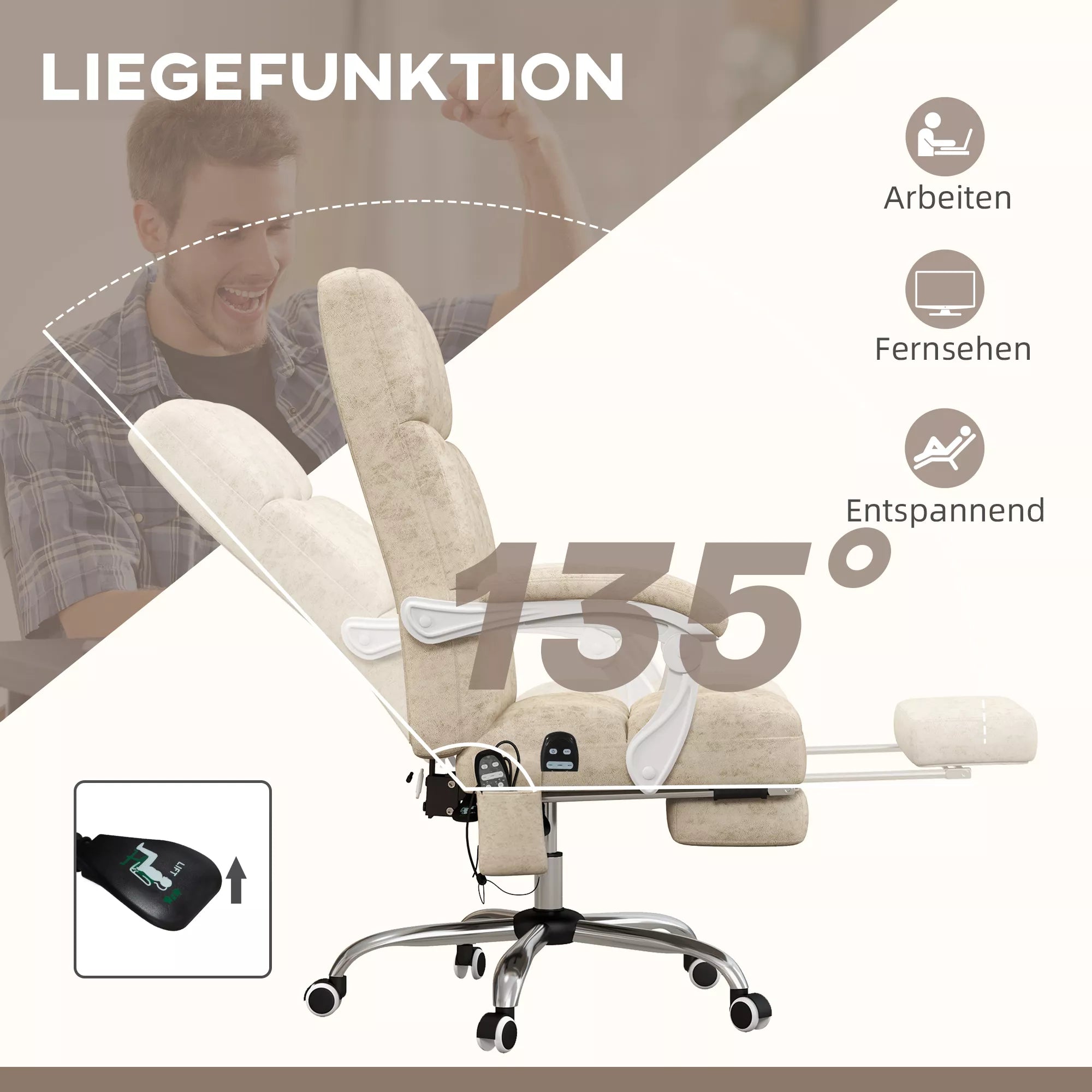 Biuro kėdė su masažo ir šildymo funkcija, ištraukiama atrama kojoms, reguliuojama, iki 120kg, smėlio spalvos.