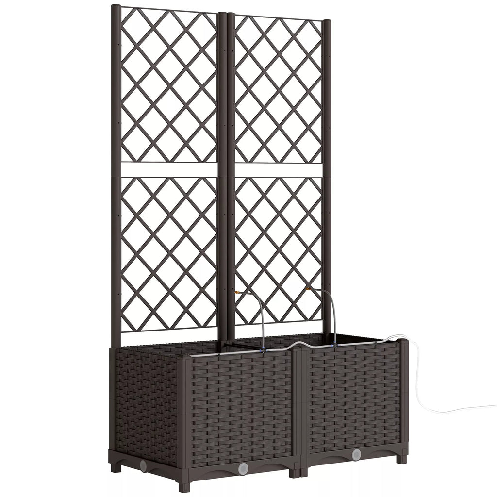 Vijoklinių augalų sienelių rinkinys su vazonais, 2 vnt. dekoratyvių gėlių lovelių su drėkinimo sistema, 80x40x136 cm, ruda