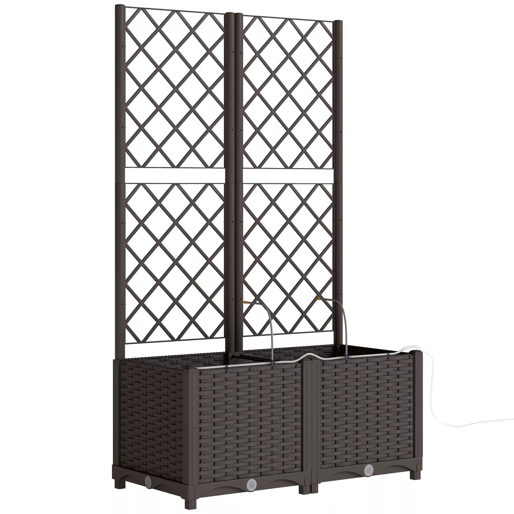 Vijoklinių augalų sienelių rinkinys su vazonais, 2 vnt. dekoratyvių gėlių lovelių su drėkinimo sistema, 80x40x136 cm, ruda