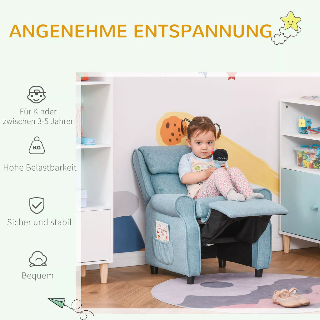 Vaikiška sofa Vaikiškas fotelis su atlošu Rankenėlės Reguliuojamas atlošas Poilsio fotelis Vaikiška sofa Kėdė Gultas Vaikiška sofa 3–5 metų berniukams ir mergaitėms Mėlyna