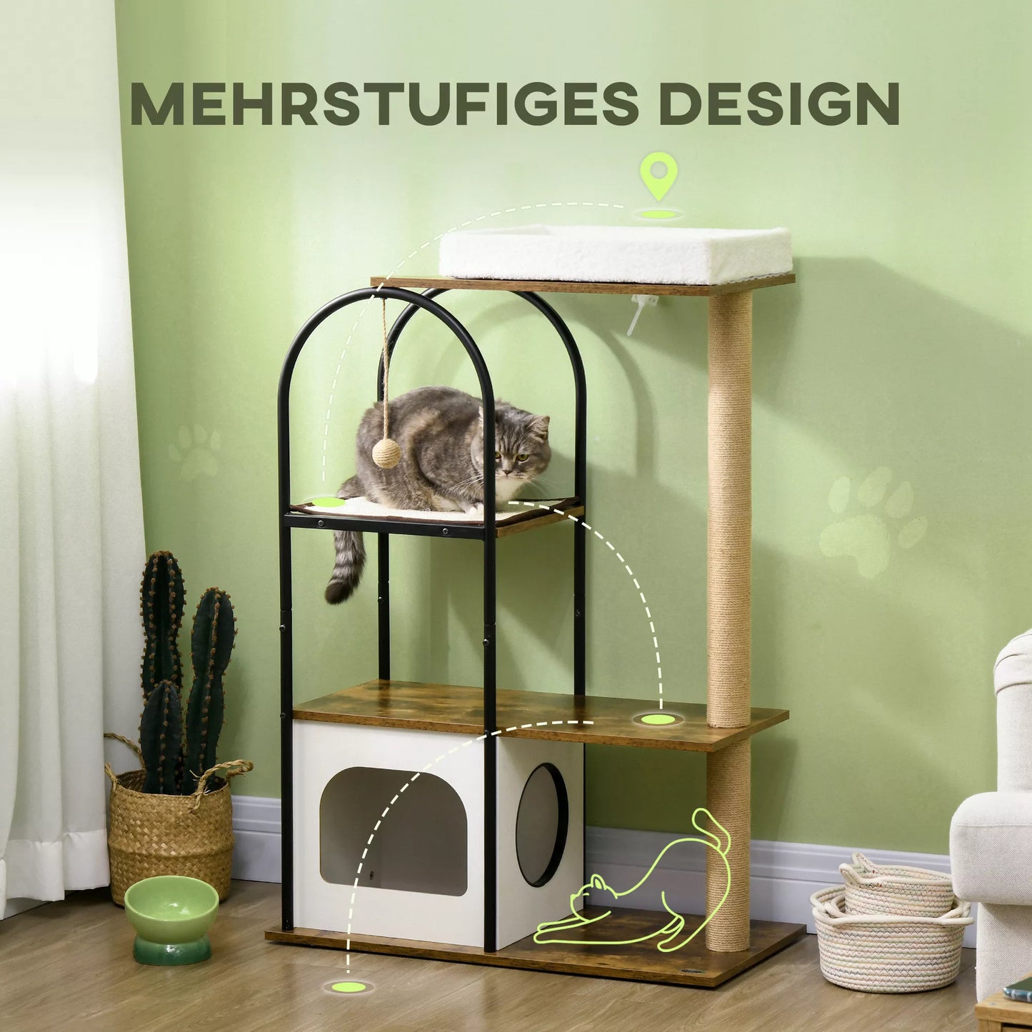 Katino medis, 4 aukštų, katės namelis, žaidimo kamuoliukas, apsauga nuo apvirtimo, 80x40x118,5 cm, Ruda/Balta