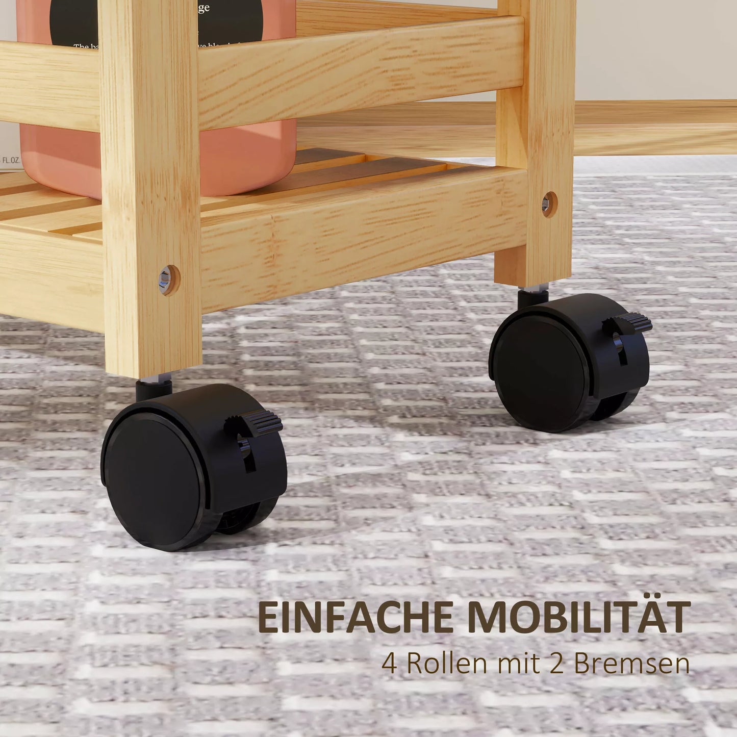 Serviravimo vežimėlis, 3 aukštai, grotelės, apsauga nuo iškritimo, bambukas, 55 x 20 x 75 cm