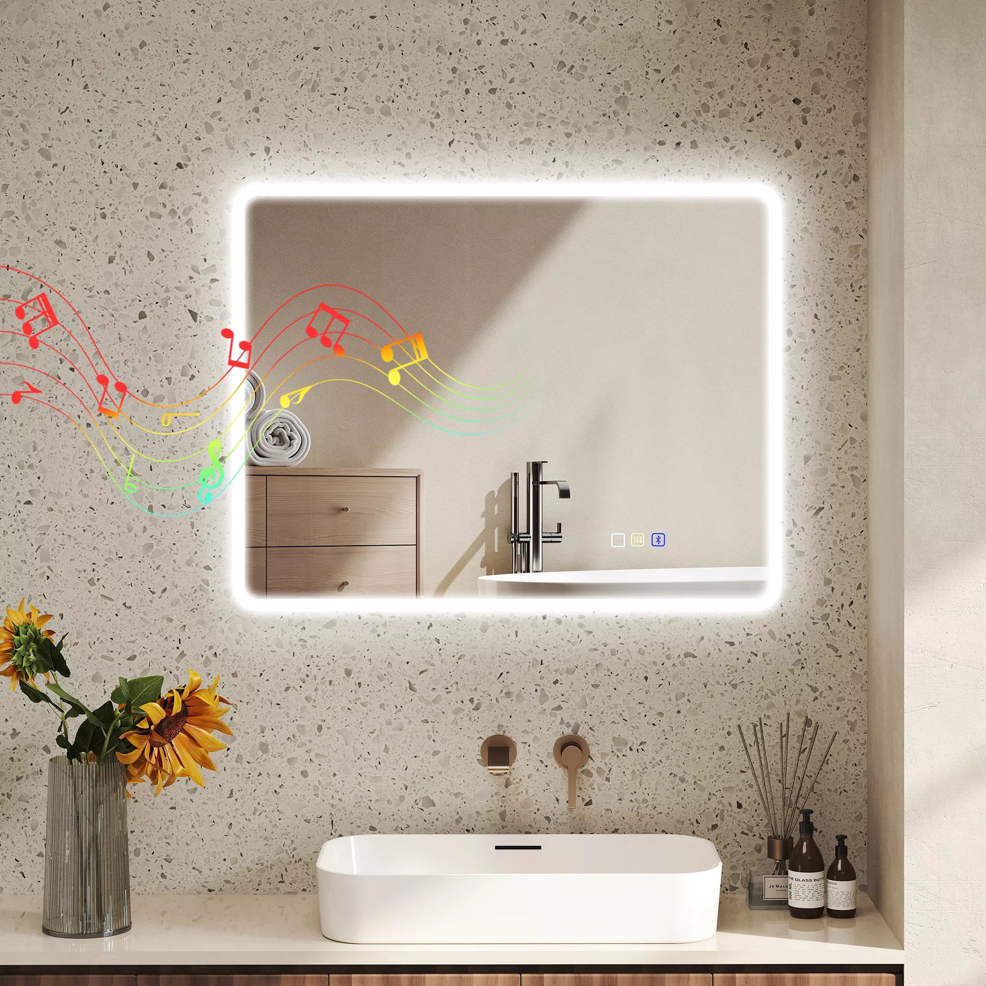 Vonios veidrodis su LED apšvietimu ir Bluetooth 70 x 90 cm, su lietimui jautriu jungikliu, reguliuojama 3 spalvų temperatūra, apsaugantis nuo rasojimo, su atminties funkcija, sidabrinis