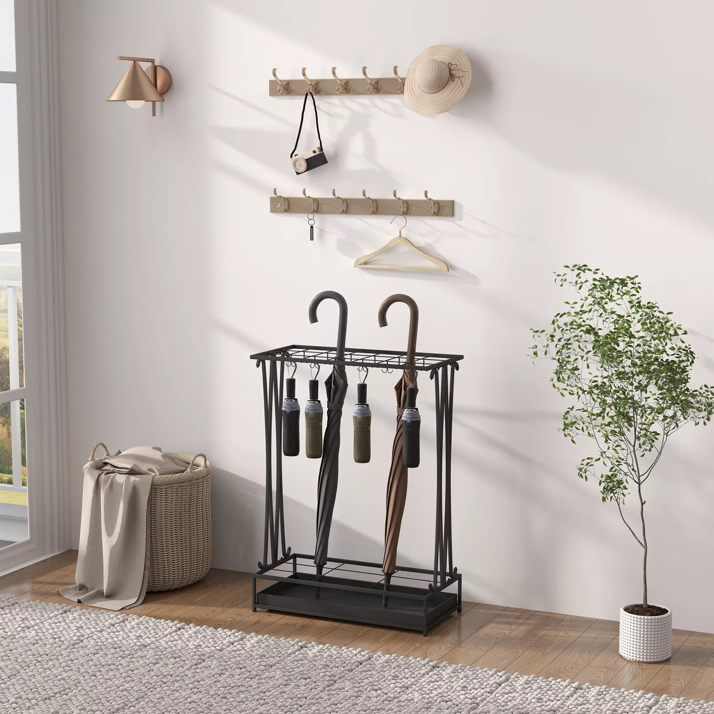 Skėčių stovas su išimamu vandens rinktuvu, skėčių stovas su 21 anga ir 24 kabliukais, plienas, juodas