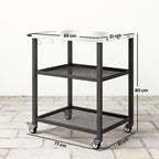 3 aukštų grilio vežimėlis su reguliuojamu darbo paviršiumi, lentynomis, kabliais ir ratukais, 77 x 51 x 80 cm, juodos spalvos
