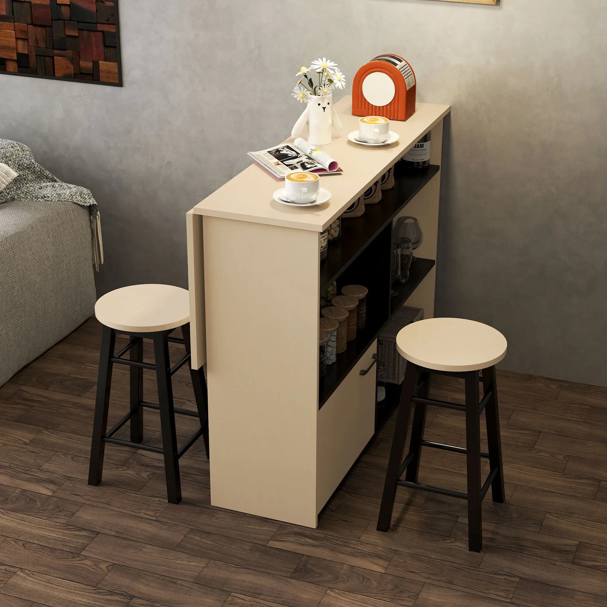 3 dalių baro komplektas, baro stalas su atlenkiamu stalviršiu, 2 baro kėdės, 6 daiktų laikymo dėžės, juodos spalvos + ąžuolo, 116 x 70 x 89,5 cm