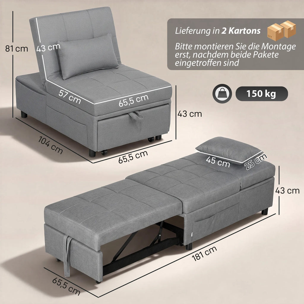 3-in-1 išskleidžiamas fotelis-lova su ratukais, šviesiai pilkas