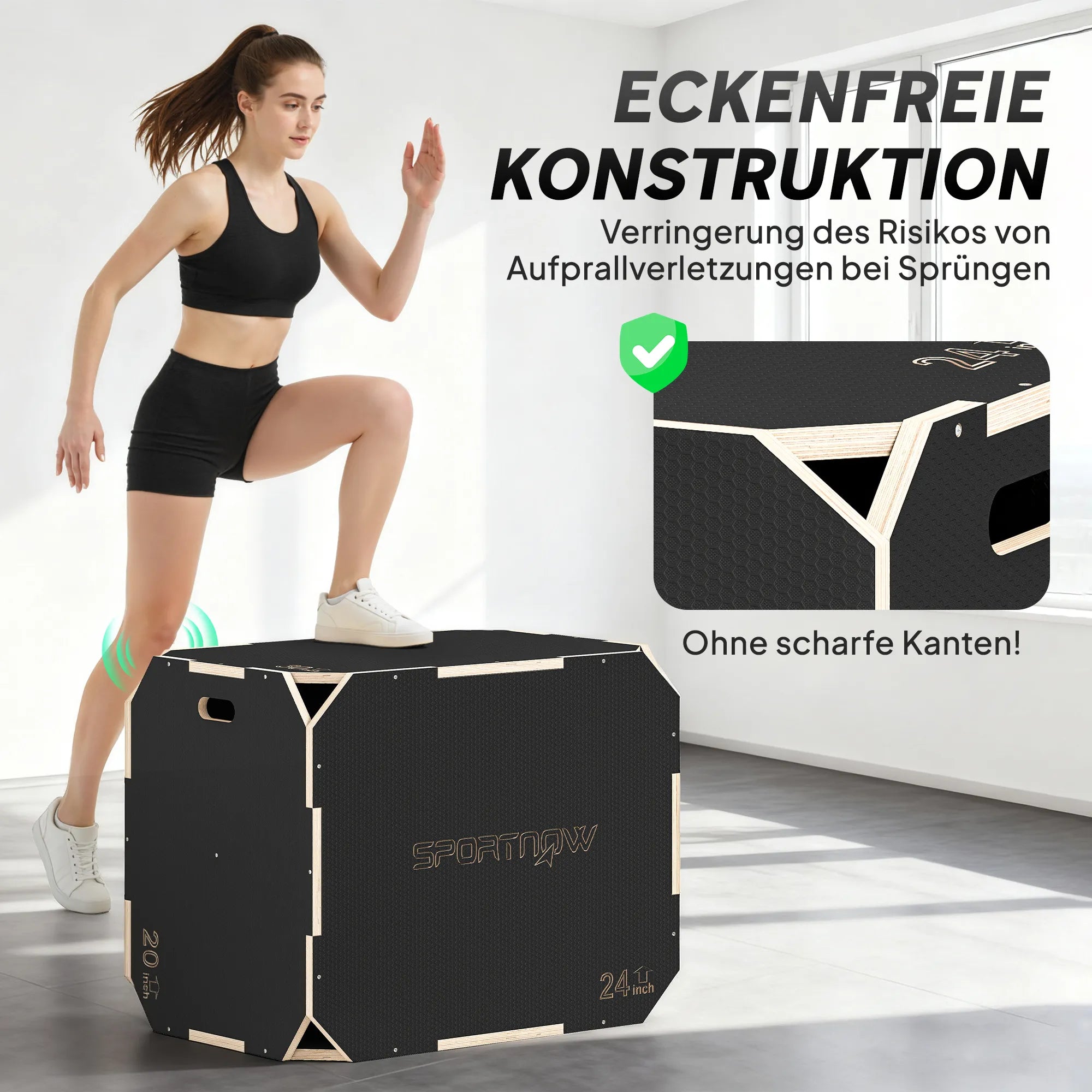 3-in-1 Plyo-Box, šokimo dėžė su rankenų angomis, skirta namų sportui ir treniruotėms lauke, 3 šokimo aukščiai, mediena, juoda