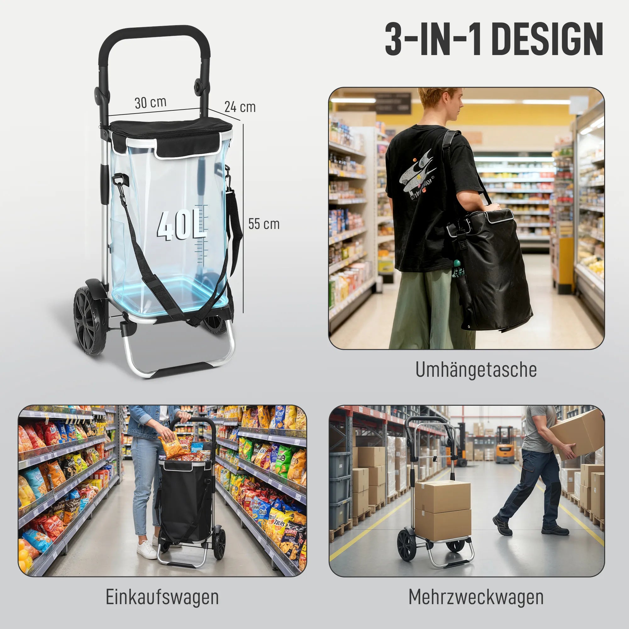 3-in-1 sulankstomas pirkinių vežimėlis, kurio talpa 40 l, vežimėlis gali išlaikyti iki 25 kg svorį, su šaldymo skyriumi, juodos spalvos