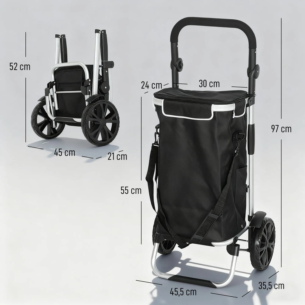 3-in-1 sulankstomas pirkinių vežimėlis, kurio talpa 40 l, vežimėlis gali išlaikyti iki 25 kg svorį, su šaldymo skyriumi, juodos spalvos