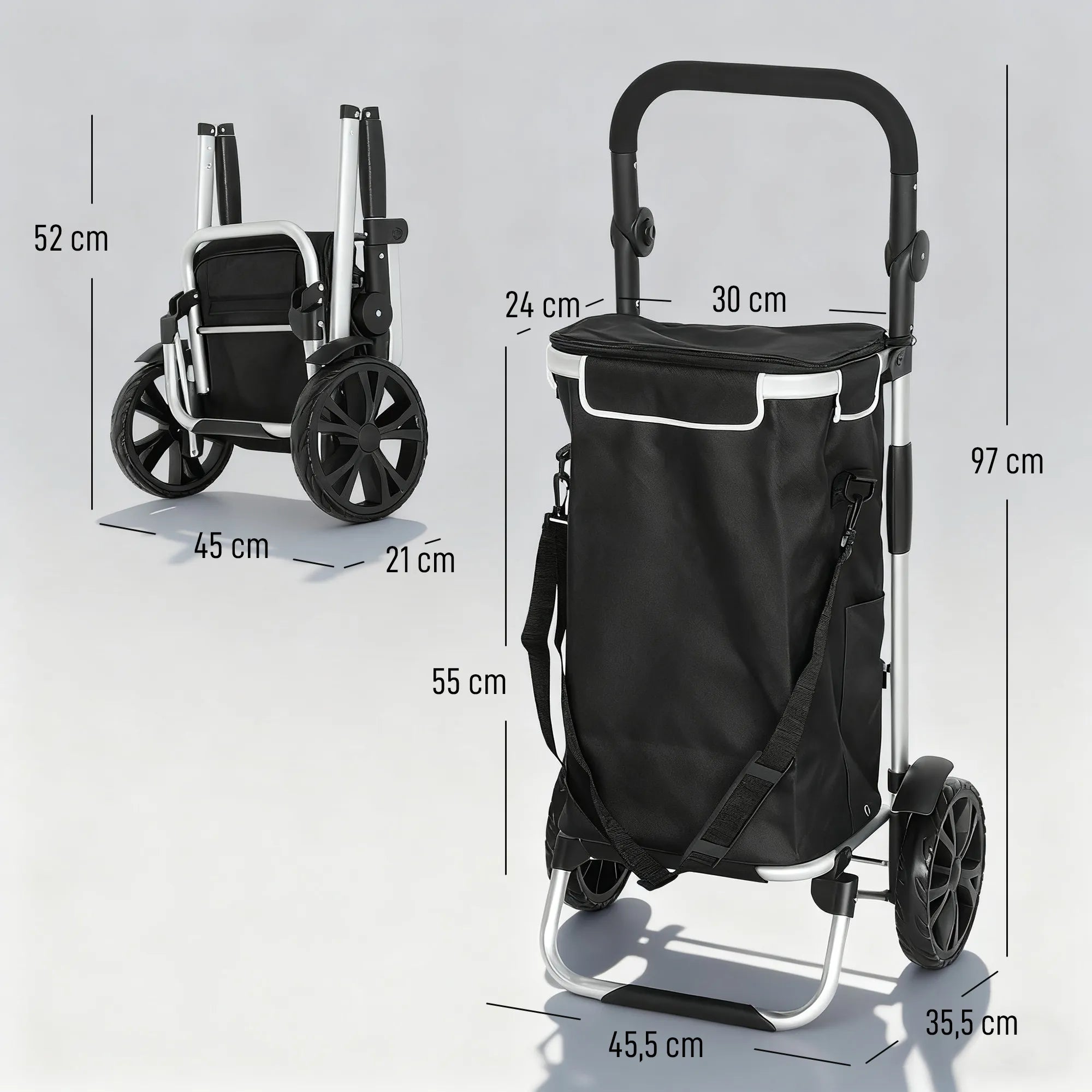 3-in-1 sulankstomas pirkinių vežimėlis, kurio talpa 40 l, vežimėlis gali išlaikyti iki 25 kg svorį, su šaldymo skyriumi, juodos spalvos