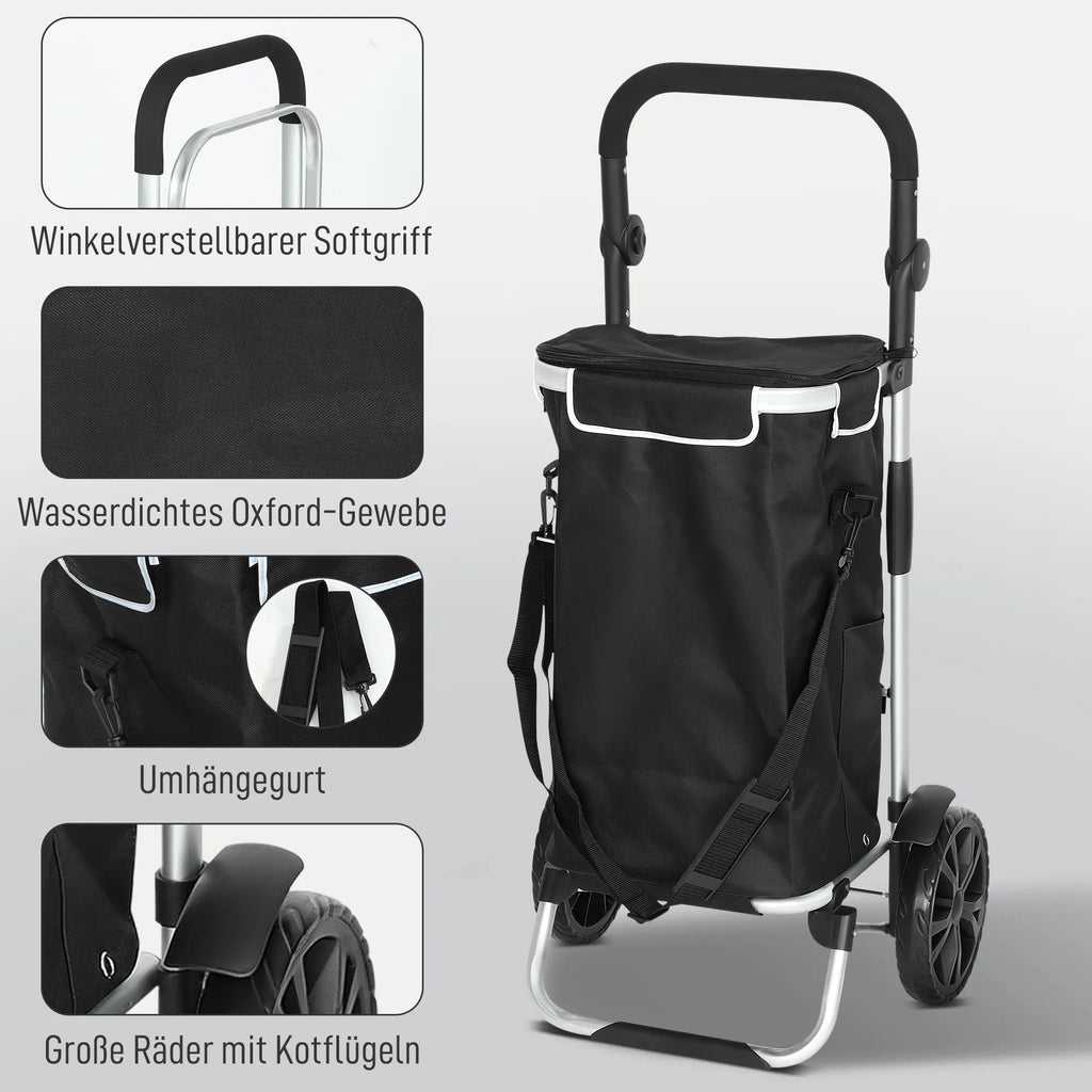 3-in-1 sulankstomas pirkinių vežimėlis, kurio talpa 40 l, vežimėlis gali išlaikyti iki 25 kg svorį, su šaldymo skyriumi, juodos spalvos