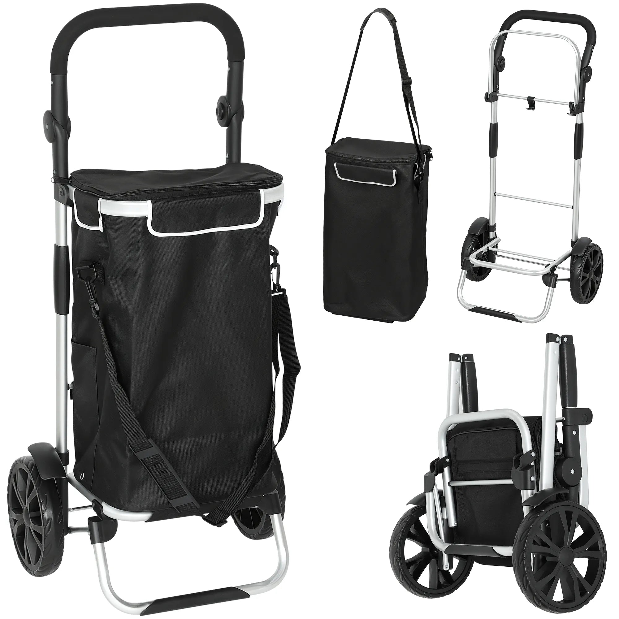 3-in-1 sulankstomas pirkinių vežimėlis, kurio talpa 40 l, vežimėlis gali išlaikyti iki 25 kg svorį, su šaldymo skyriumi, juodos spalvos