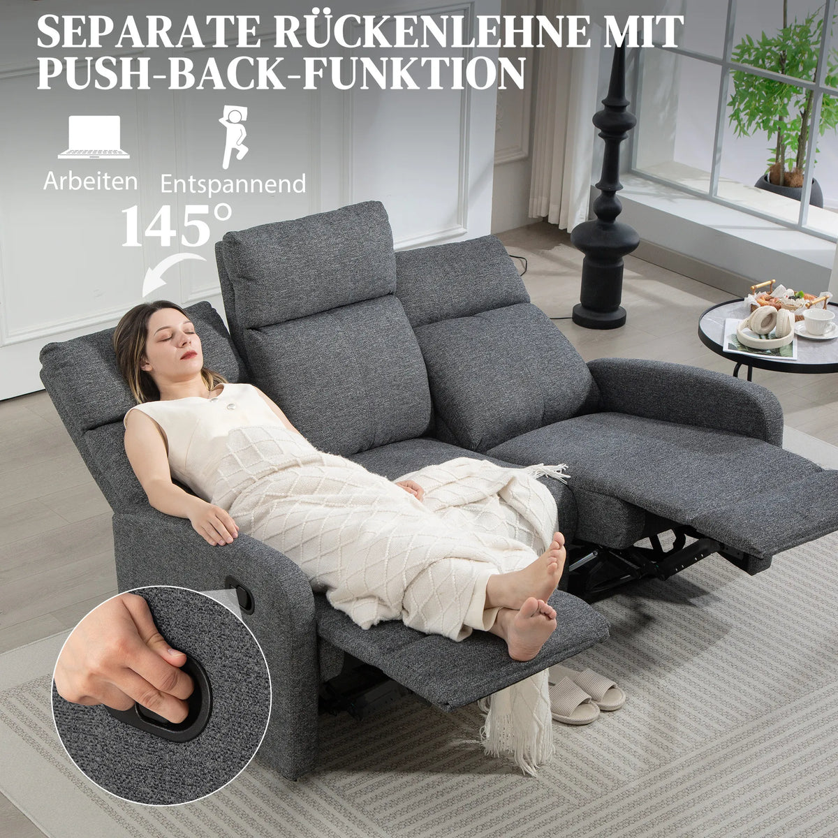 3-Sitzer-Sofa, individuell verstellbare Rückenlehnen, Fußstütze, Stoffbezug, Metall, Grau