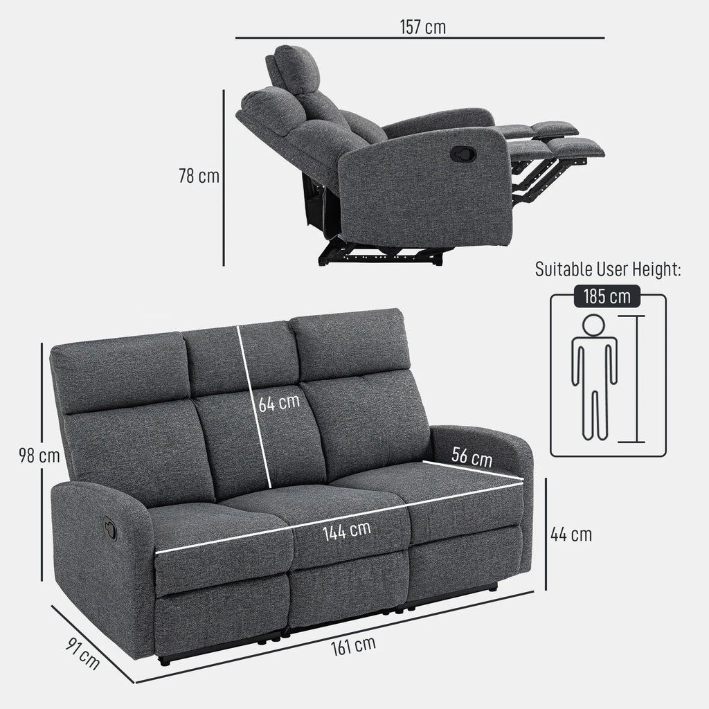 3-Sitzer-Sofa, individuell verstellbare Rückenlehnen, Fußstütze, Stoffbezug, Metall, Grau