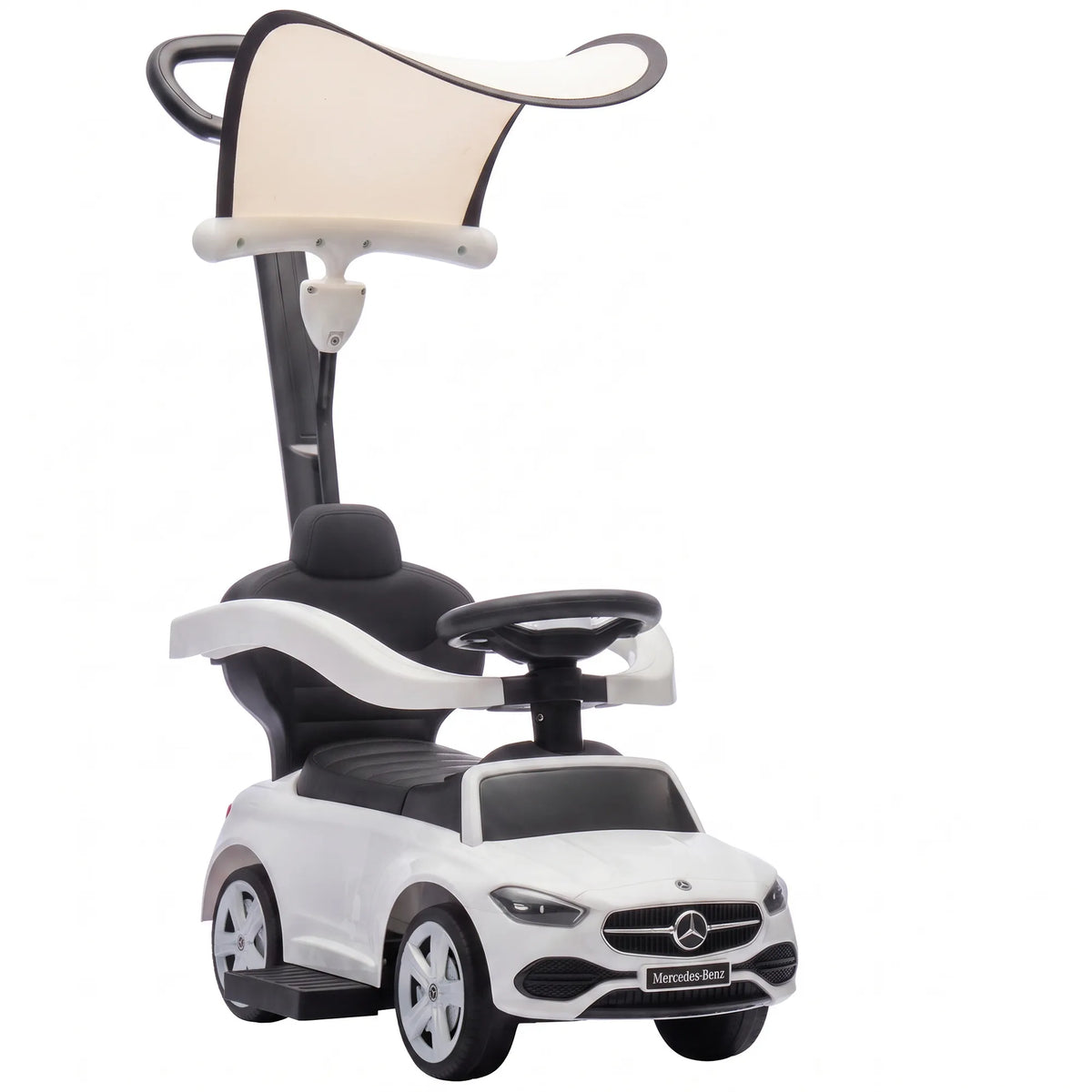 Baltas vaikiškas automobilis-stumdukas su stogeliu ir juoda sėdyne baltame fone