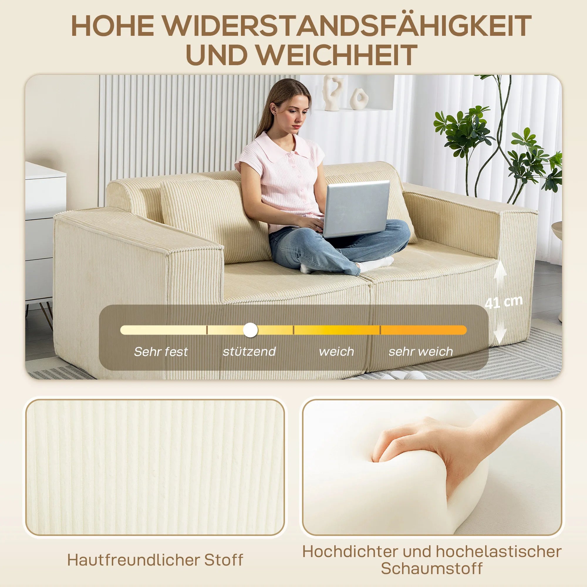 3 vietų sofa, minkšta putų struktūra, platūs porankiai, 2 pagalvėlės, velveto apmušalas, smėlio spalvos