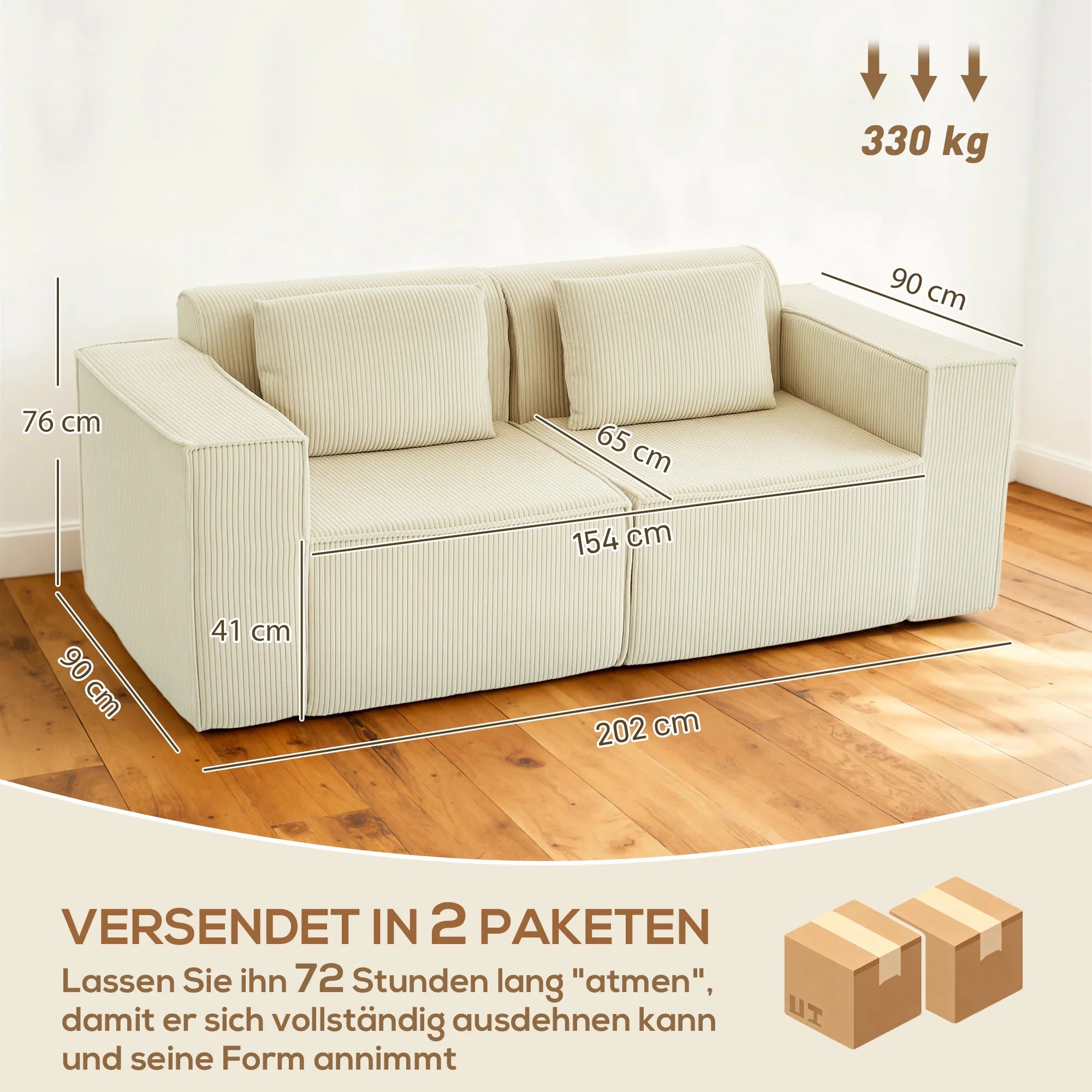 3 vietų sofa, minkšta putų struktūra, platūs porankiai, 2 pagalvėlės, velveto apmušalas, smėlio spalvos
