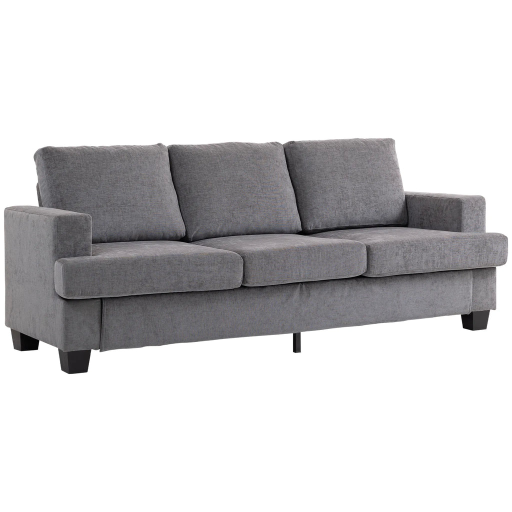 3 vietų sofa, svetainės sofa 3 asmenims, audinio apmušalas, plieninis rėmas, minkšta sofa, pilka