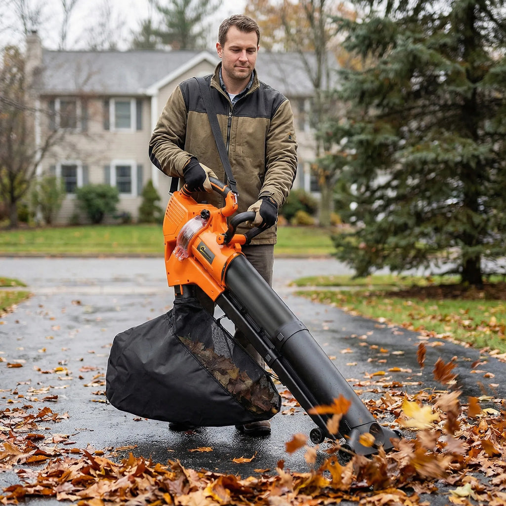 3000 W elektrinis lapų pūstuvas ir siurblys su 40 l maišu ir ratais oranžinis