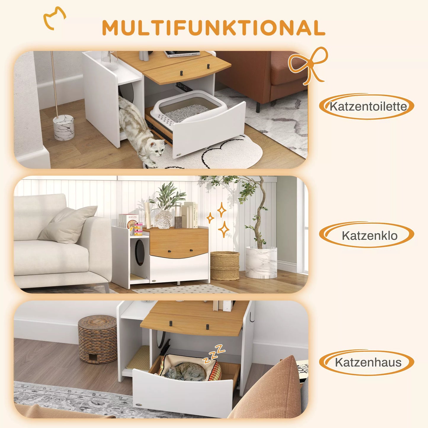 Kačių tualetas, ištraukiamas, spintelės dizainas, su kraiko padėklu, 78x50x51cm, Ąžuolas/Balta