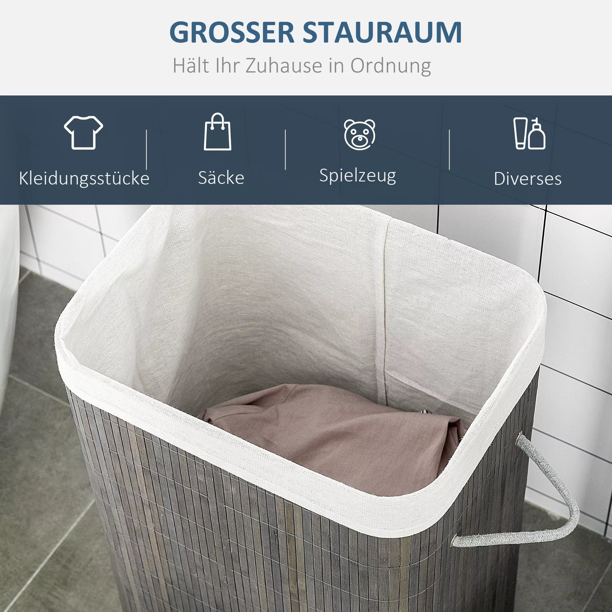 HOMCOM Skalbinių krepšys su rankenomis ir skalbinių maišeliu, kurį galima skalbti, rotango, poliesterio, medvilnės, metalo, 43I x 32P x 61A cm, pilkas