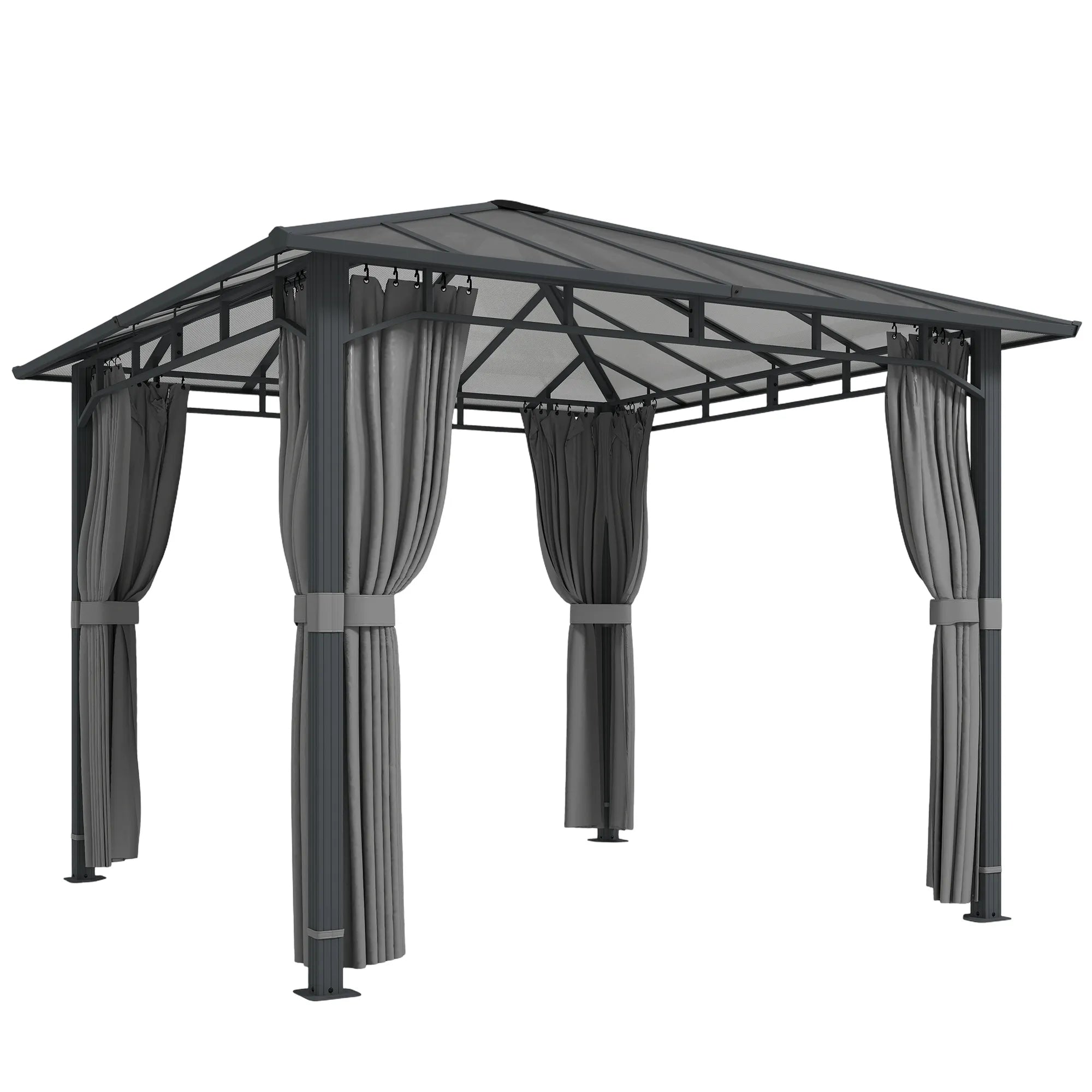 Sodo paviljonas, maždaug 3 x 3 m, metalinis paviljonas su 6 mm storio polikarbonato stogu, 4 šoninės sienos, UV50+, tamsiai pilkos spalvos