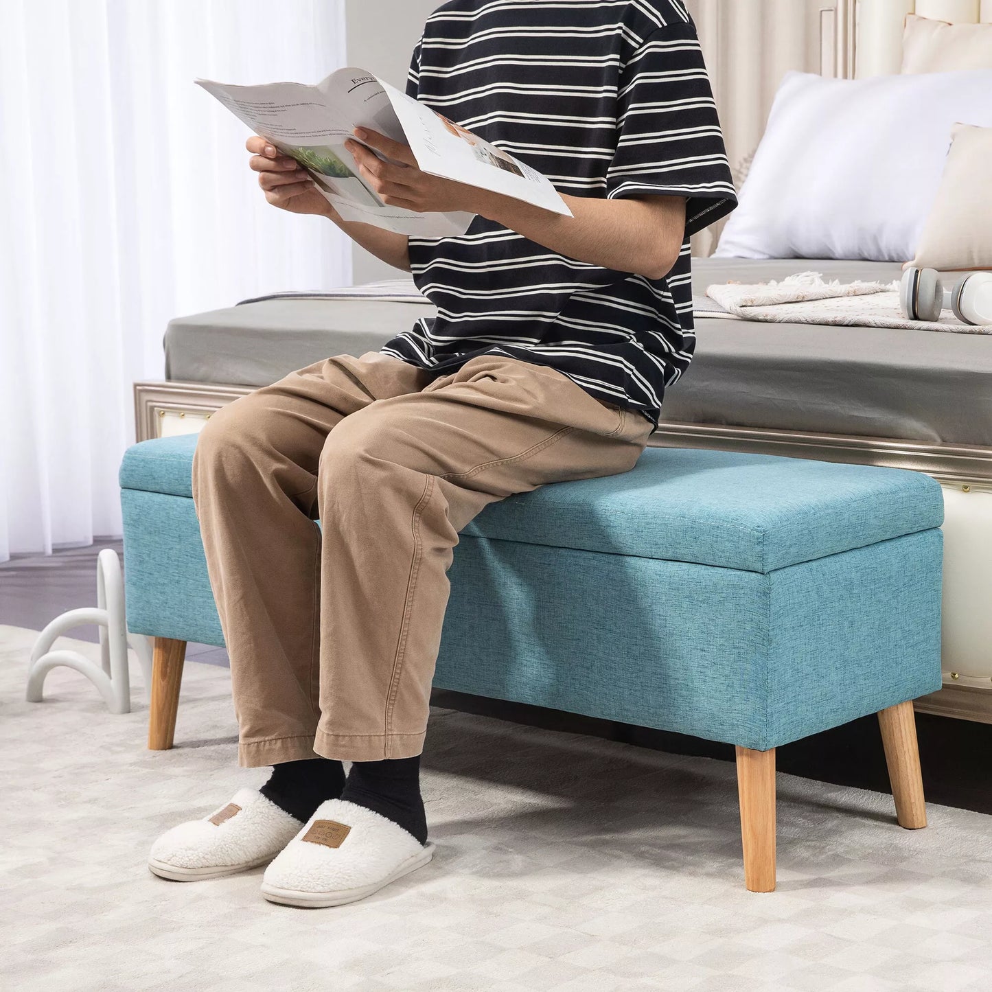 Suolas su daiktadėže, iki 220 kg, lininio audinio išvaizda, 110x39x45cm, Mėlyna