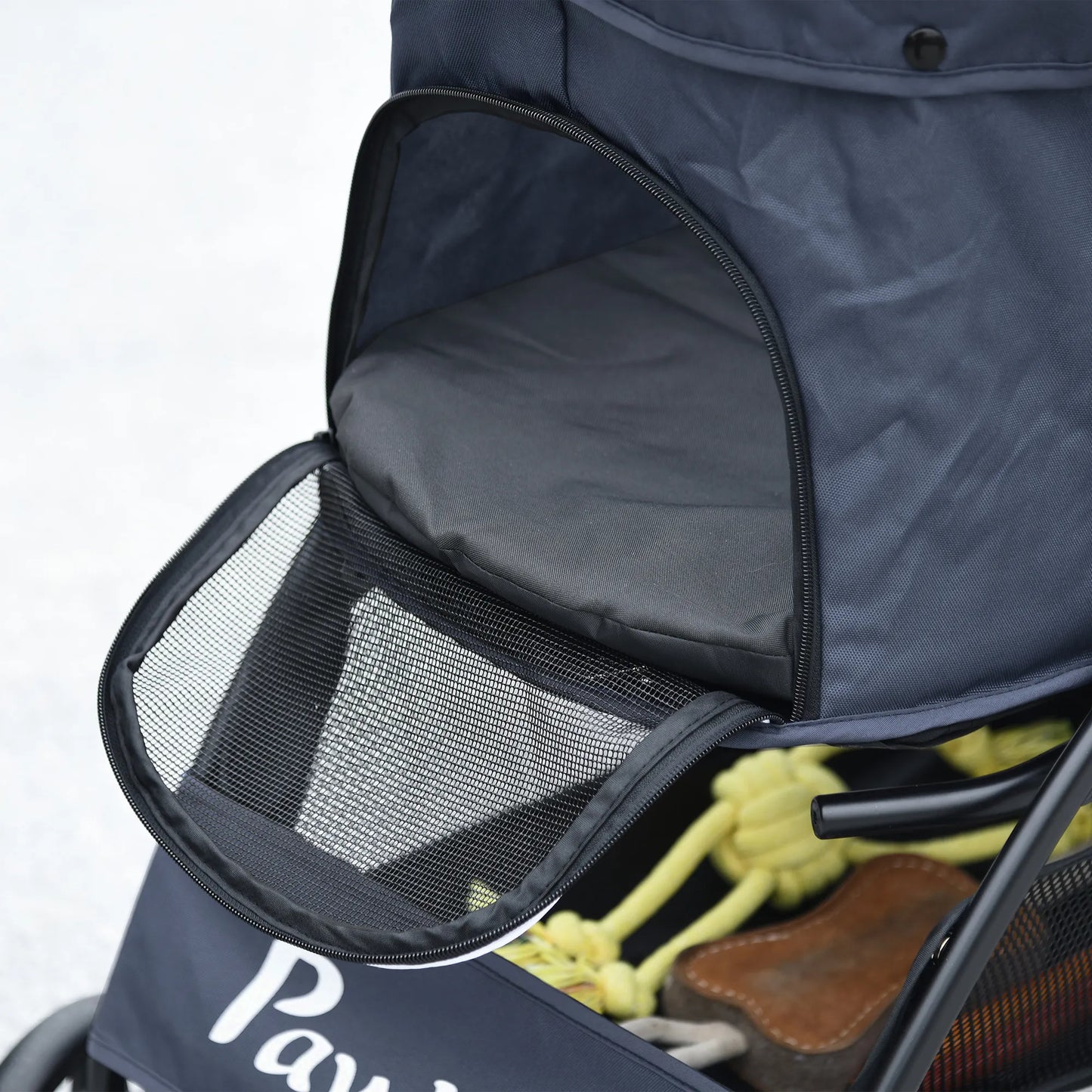 Šunų vežimėlis/buggy iki 10 kg, sulankstomas, su apatiniu krepšiu, pagalvėle, šonine kišene, 81 cm x 48 cm x 99 cm, pilkas