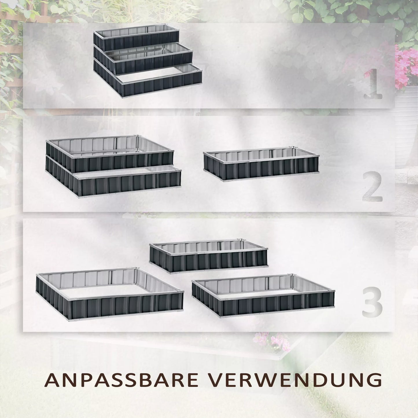 Pakeltas lysvas 3 pakopų iš plieno su T formos etiketėmis, pirštinėmis, gėlių laiptais, žolelių lysve, daržovių lysve balkonui, sodui, tamsiai pilkas, 118 x 118 x 62 cm