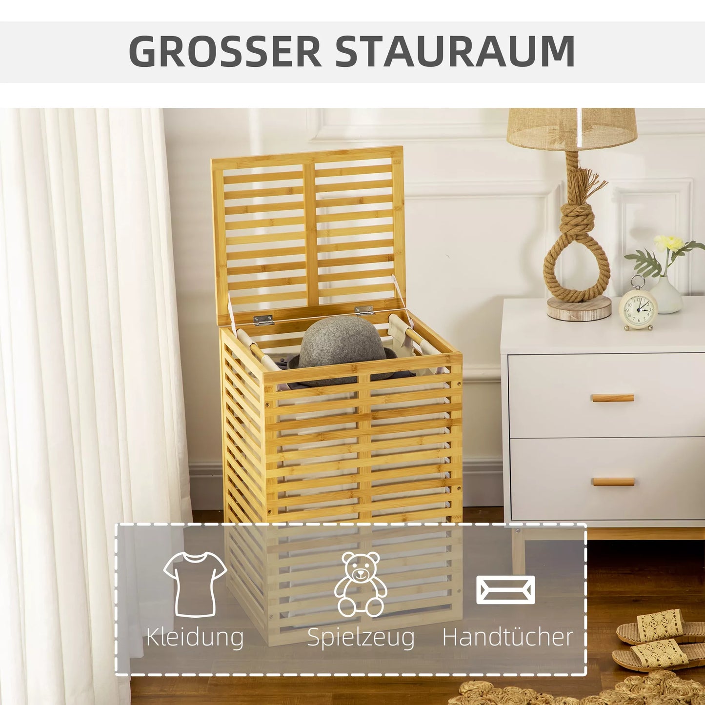 Bambuko skalbinių krepšys su 63 L skalbinių surinktuvu su dangčiu, skalbinių maišas, strypas 44 x 37 x 62,5 cm natūralaus medžio