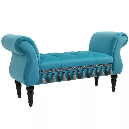 Minkštas suolas su aksominiu apmušalu, su atlošu ir mediniu rėmu, suoliukas miegamajam, svetainei, prieškambariui 117 x 40 x 58 cm Mėlynas