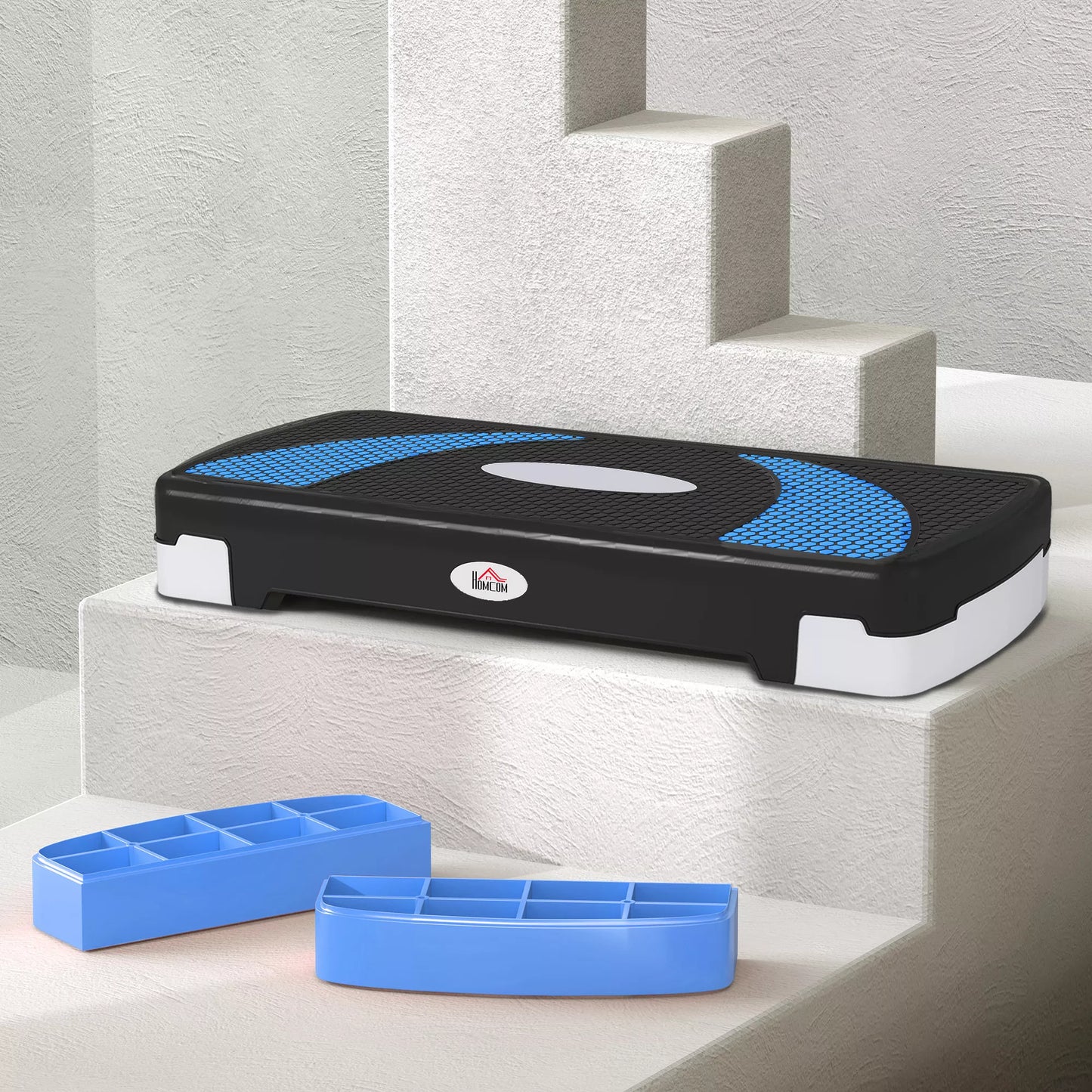 Aerobikos stepperis 3 pakopų, reguliuojamo aukščio, 80 x 31 x 20 cm, Juoda+Šviesiai mėlyna+Pilka