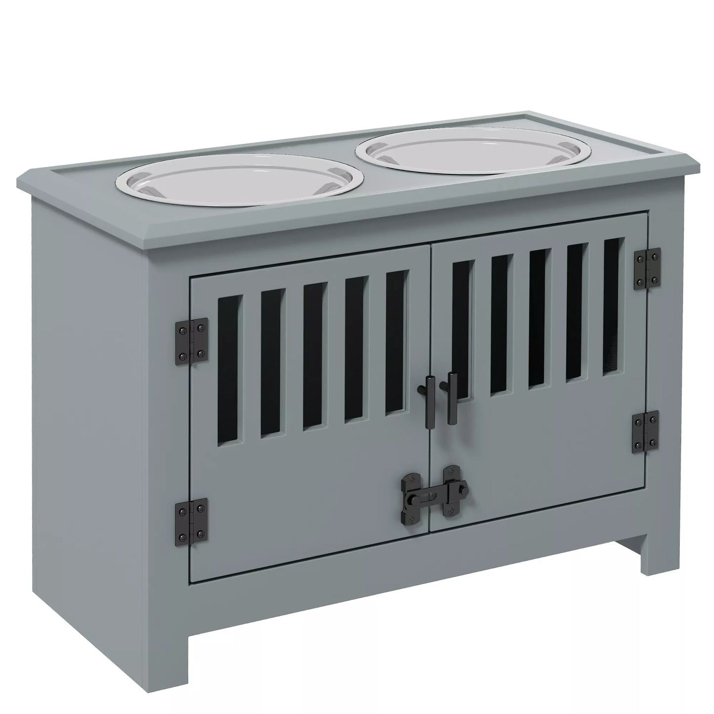 Paaukštinta lesykla dideliems šunims, 2 nerūdijančio plieno dubenėliai, laikymo skyrius, 35,5x60x30 cm, pilka