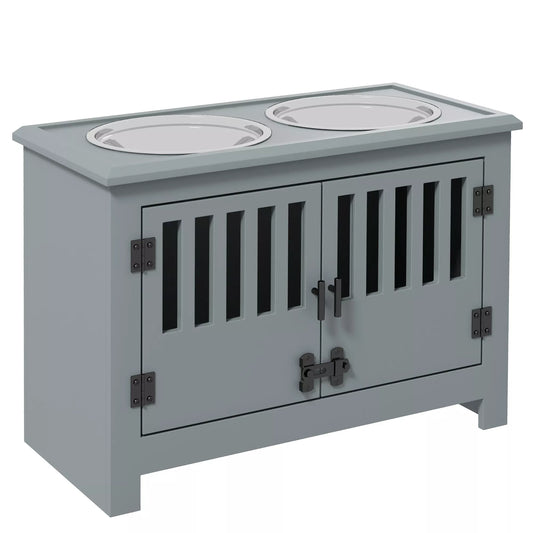 Paaukštinta lesykla dideliems šunims, 2 nerūdijančio plieno dubenėliai, laikymo skyrius, 35,5x60x30 cm, pilka