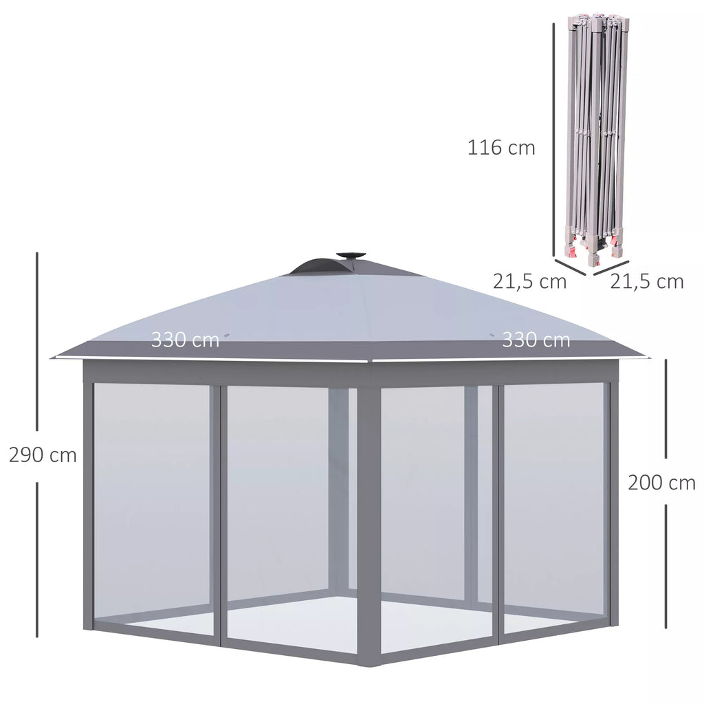 3,3 x 3,3 m sulankstomas paviljonas su LED apšvietimu, tinklinėmis užuolaidomis, nešimo krepšiu, pilkos spalvos
