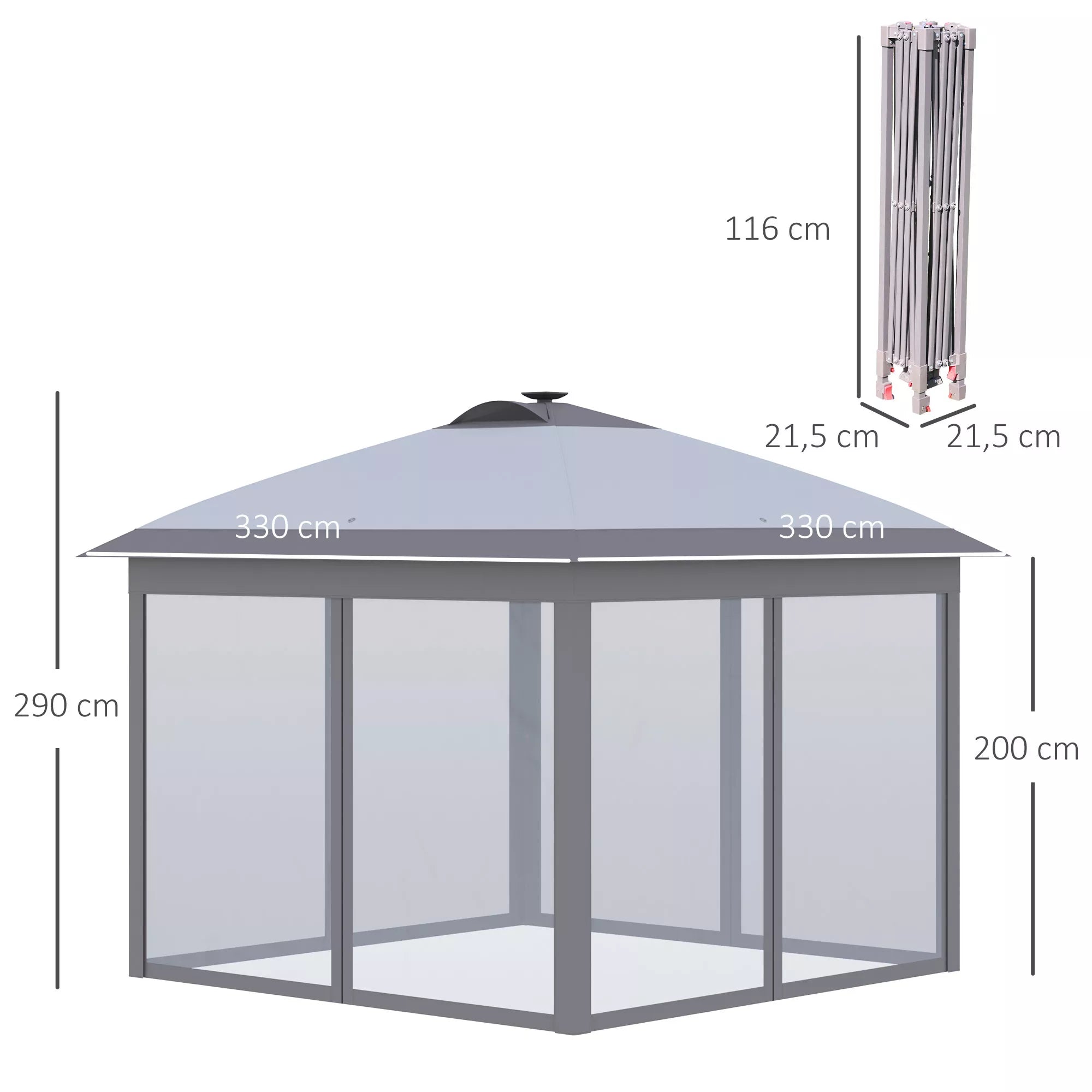 3,3 x 3,3 m sulankstomas paviljonas su LED apšvietimu, tinklinėmis užuolaidomis, nešimo krepšiu, pilkos spalvos