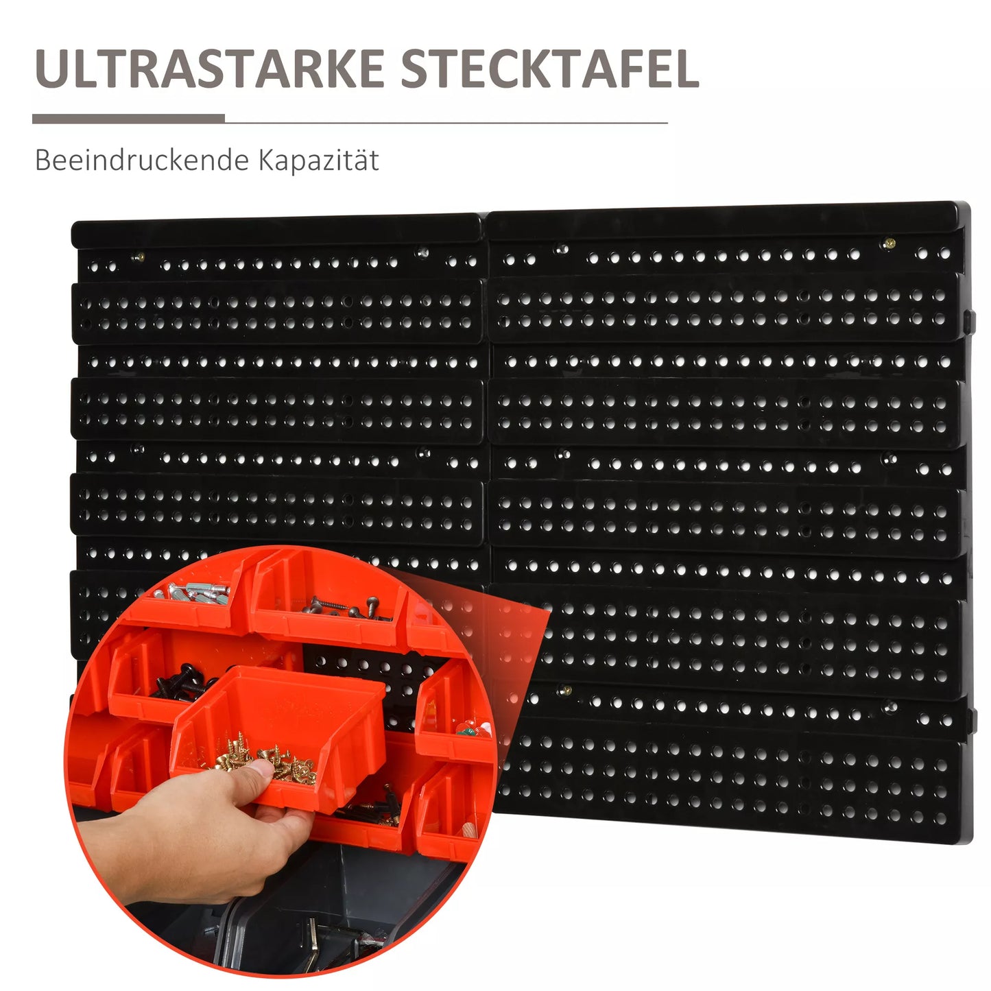 Sandėliavimo sistemos sieninė lentyna su sukraunamomis dėžutėmis, 30 dėžučių, 2 perforuotos plokštės, 37,5 cm x 18 cm x 63 cm, Raudona + Pilka + Juoda