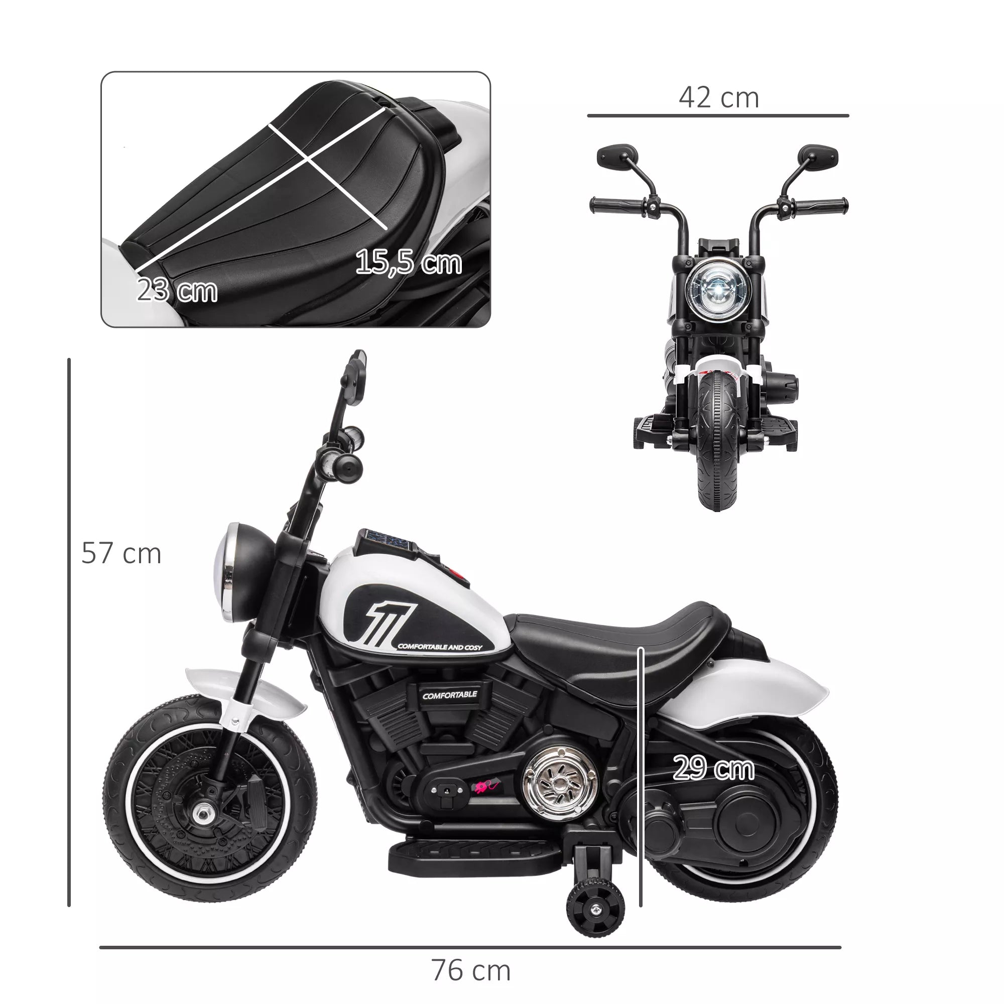 Vaikiško motociklo matmenų schema: 76 cm ilgio