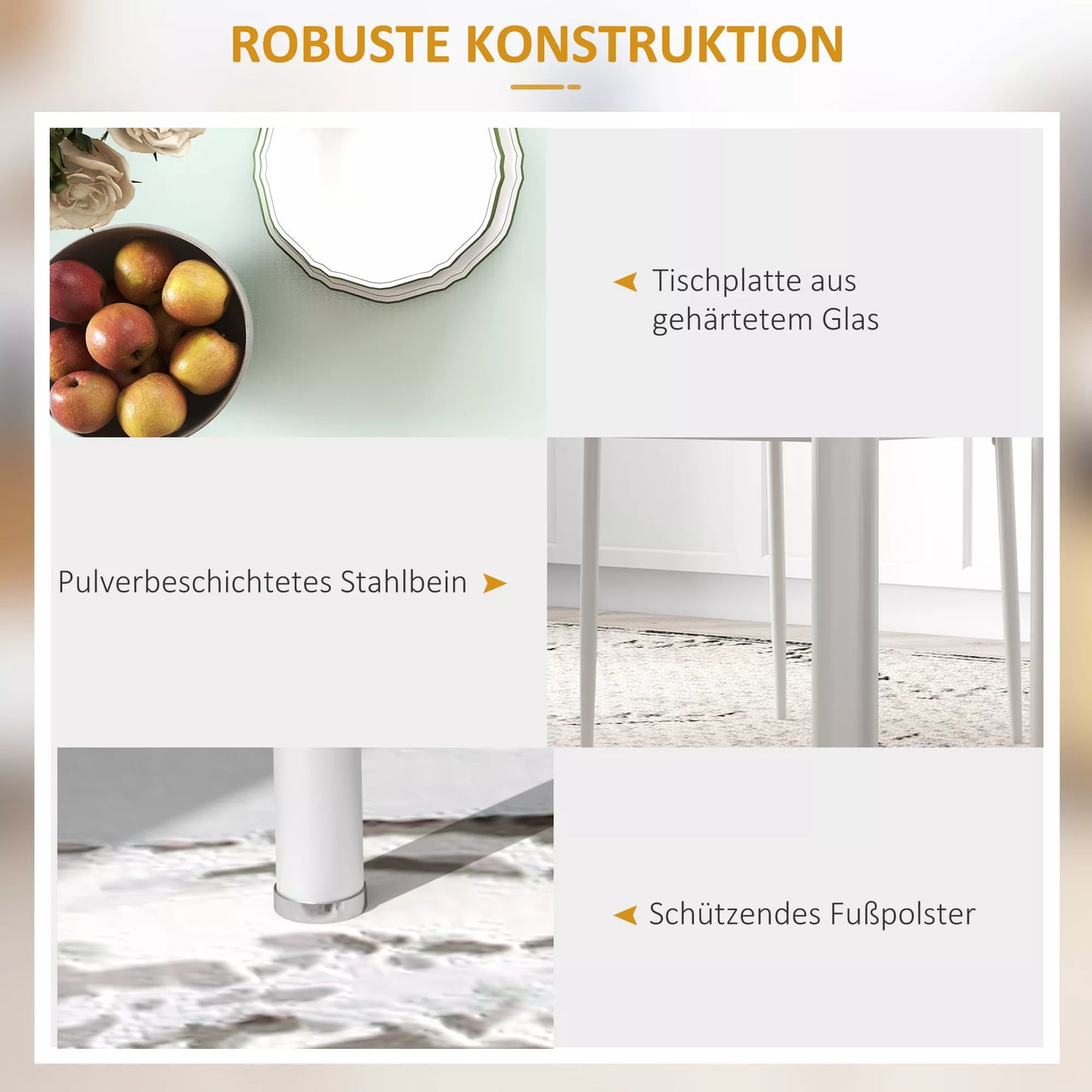 5 dalių valgomojo komplektas su 4 kėdėmis, modernaus dizaino, stalas su stikliniu stalviršiu, baltas