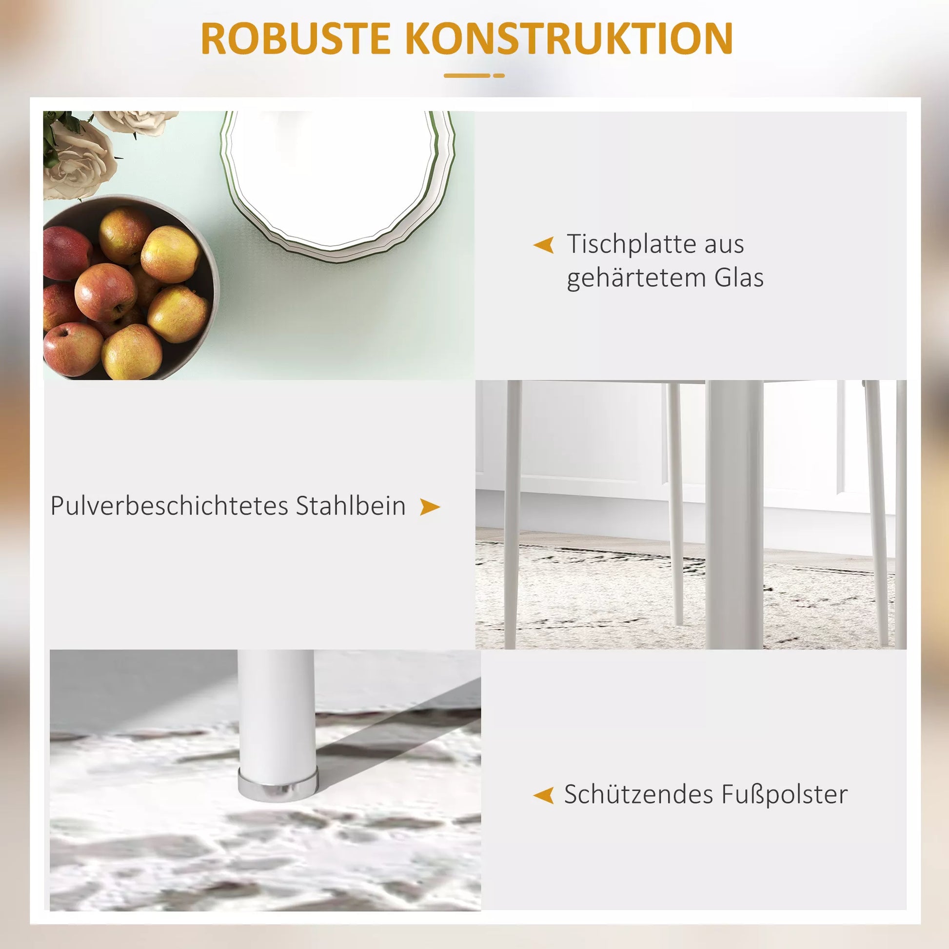 5 dalių valgomojo komplektas su 4 kėdėmis, modernaus dizaino, stalas su stikliniu stalviršiu, baltas