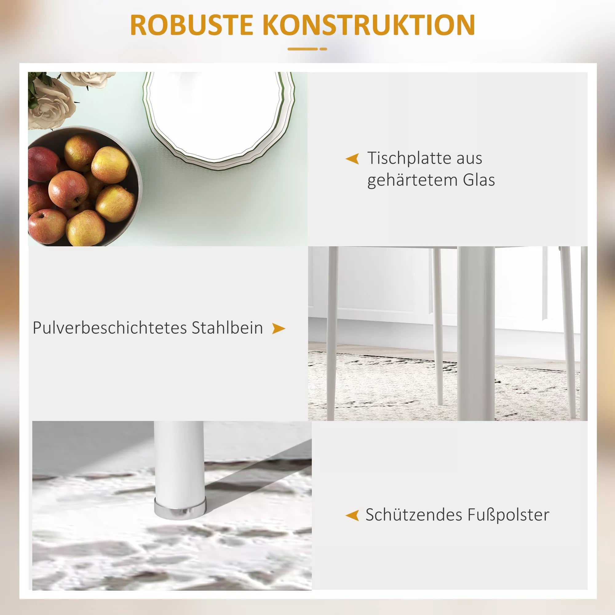 5 dalių valgomojo komplektas su 4 kėdėmis, modernaus dizaino, stalas su stikliniu stalviršiu, baltas