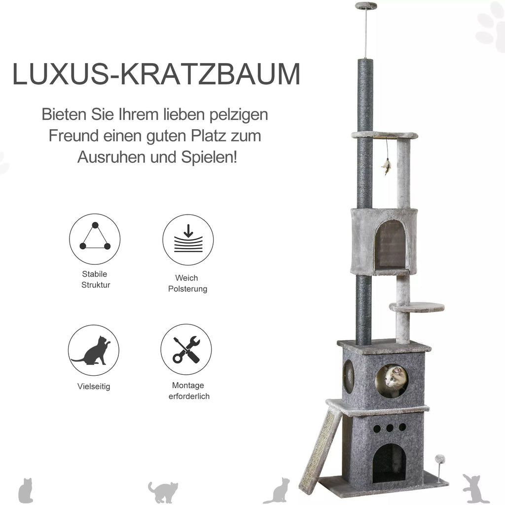 Kratzbaum Lubų aukštis Reguliuojamas aukštis 225-255 cm Kačių bokštas su 6 lygiais 3 urvais Kačių žaislai Kratzbrett Kačių medžiojimo stovas vidutinio dydžio katėms, šviesiai pilkos spalvos