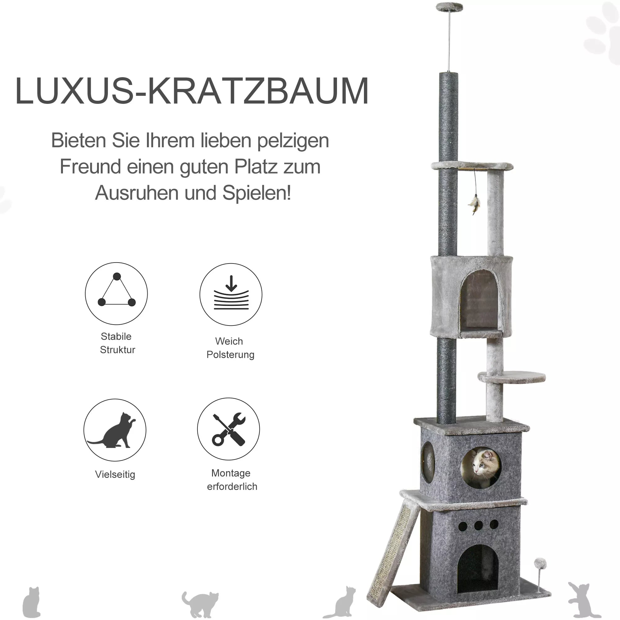 Kratzbaum Lubų aukštis Reguliuojamas aukštis 225-255 cm Kačių bokštas su 6 lygiais 3 urvais Kačių žaislai Kratzbrett Kačių medžiojimo stovas vidutinio dydžio katėms, šviesiai pilkos spalvos