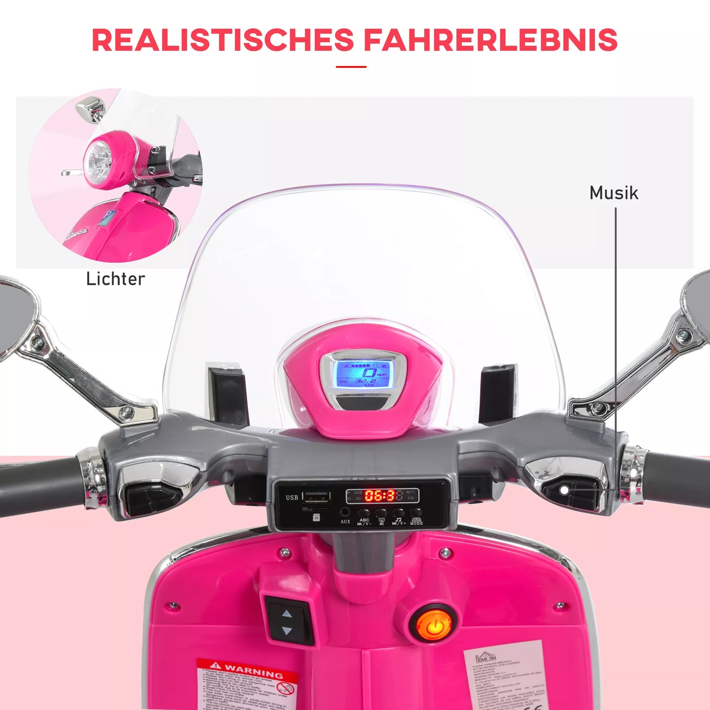 Elektrinis motociklas vaikams su MP3 muzika, žibintais, 3-6 metai, dirbtinė oda, metalas, 108 x 49 x 75 cm, Rožinis
