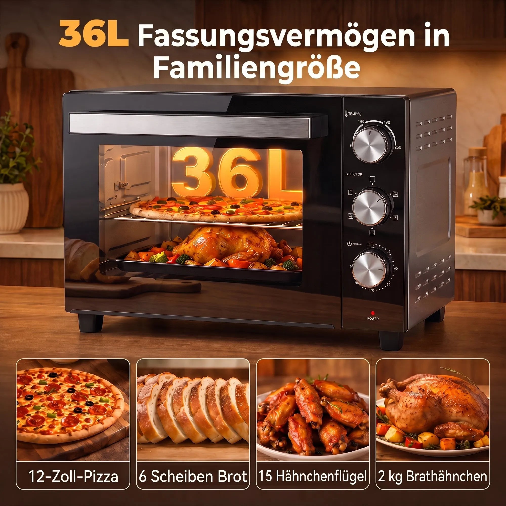 36 l talpos mini orkaitė su konvekcija, 90–230 °C, 1500 W